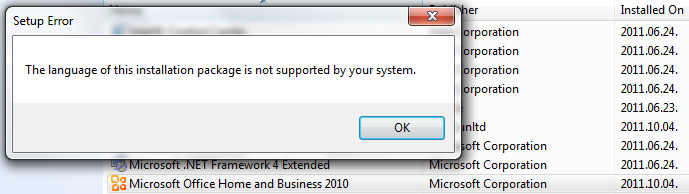 the language of this installation package is not supported by your system